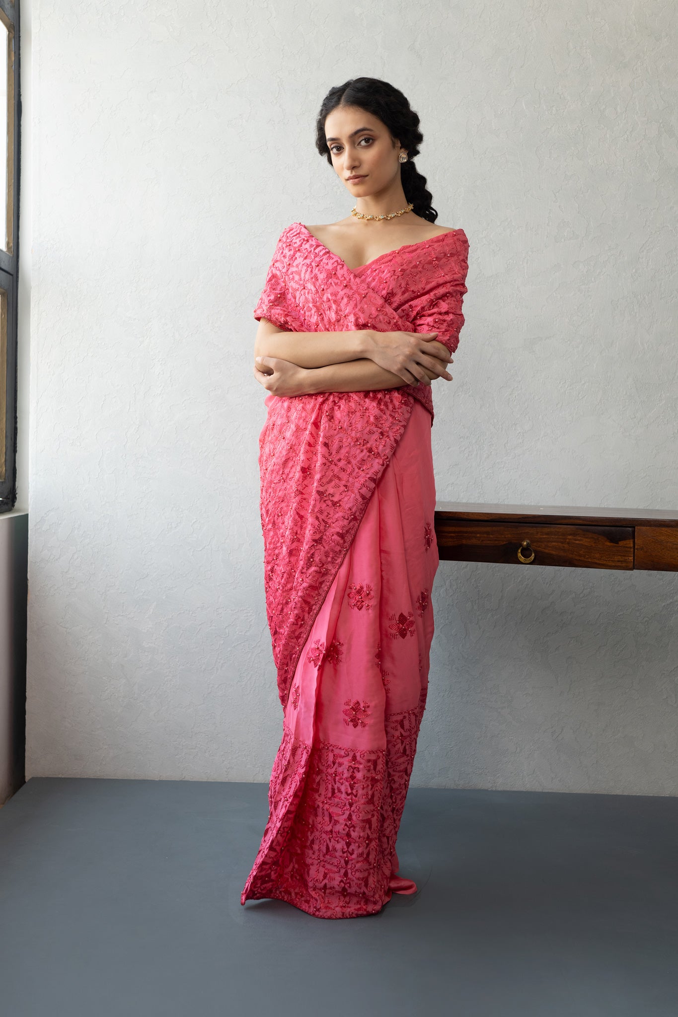 Pink Phulkari Embroidery Georgette by MysticLoom | Pink saree with pearls| Punjabi Saree